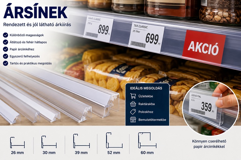 Ársín és árcímketartó üzletek polcaira